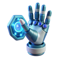 serene minimalist A robotic hand reaching towards a holographic interface, intricate details on the hand's mechanics, soft, blue lighting, human-computer interaction style exclusive png