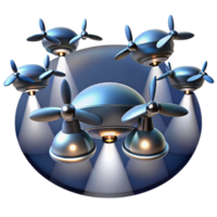 stunning contemporary A group of drones flying in formation, sleek and aerodynamic design, dramatic spotlighting against a dark sky, drone technology style high resolution png