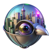 stunning artistic A futuristic cityscape reflected in a chrome robotic bird's eye, neon city lights, cyberpunk style professional png
