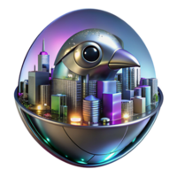 wonderful classic A futuristic cityscape reflected in a chrome robotic bird's eye, neon city lights, cyberpunk style genuine png