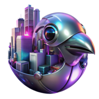 elegant creative A futuristic cityscape reflected in a chrome robotic bird's eye, neon city lights, cyberpunk style genuine png