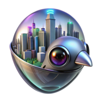 elegant abstract A futuristic cityscape reflected in a chrome robotic bird's eye, neon city lights, cyberpunk style genuine png