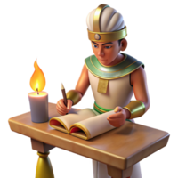 vibrant traditional An Egyptian scribe meticulously paints hieroglyphs onto a papyrus scroll, lit by the flickering flame of an oil lamp. Ancient Egyptian art style, vibrant colors high quality png