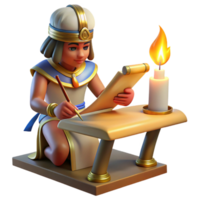 elegant rustic An Egyptian scribe meticulously paints hieroglyphs onto a papyrus scroll, lit by the flickering flame of an oil lamp. Ancient Egyptian art style, vibrant colors high resolution png