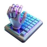 vibrant creative A bionic hand typing on a holographic keyboard, ambient lighting, cyberpunk style authentic png
