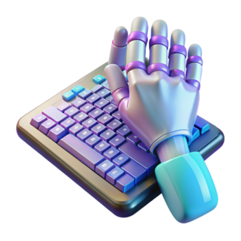 sereno criativo uma biônico mão digitando em uma holográfico teclado, ambiente iluminação, cyberpunk estilo autêntico png