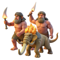 beautiful minimalist A group of cavemen hunting a woolly mammoth, lit by the flickering flames of torches. Prehistoric art style, dynamic action genuine png