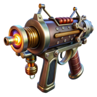 impressionante moderno uma steampunk raio pistola, intrincado esculturas e brilhando vácuo tubos, escuro, cinematográfico iluminação profissional png