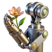 serene artistic A steampunk robotic arm holding a delicate flower, contrast between metal and nature, soft, diffused lighting authentic png