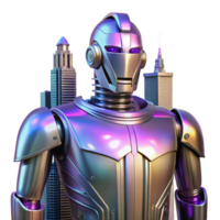 magnificent modern A towering, Art Deco-inspired robotic sentinel stands guard, its polished chrome surface reflecting a neon cityscape, lit by volumetric lighting. Synthwave style high resolution png