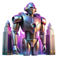elegant artistic A towering, Art Deco-inspired robotic sentinel stands guard, its polished chrome surface reflecting a neon cityscape, lit by volumetric lighting. Synthwave style original png