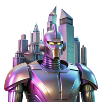 wonderful classic A towering, Art Deco-inspired robotic sentinel stands guard, its polished chrome surface reflecting a neon cityscape, lit by volumetric lighting. Synthwave style original png