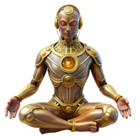 dramatic minimalist A cyborg with intricate, golden circuitry woven into their skin meditates within a crystalline cavern, bathed in soft, bioluminescent light. Biopunk, ethereal style exclusive png