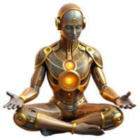 impressive classic A cyborg with intricate, golden circuitry woven into their skin meditates within a crystalline cavern, bathed in soft, bioluminescent light. Biopunk, ethereal style high quality png
