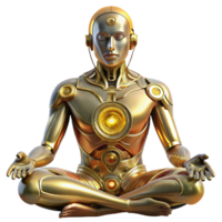 magnificent rustic A cyborg with intricate, golden circuitry woven into their skin meditates within a crystalline cavern, bathed in soft, bioluminescent light. Biopunk, ethereal style authentic png