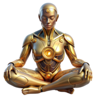 vibrant vintage A cyborg with intricate, golden circuitry woven into their skin meditates within a crystalline cavern, bathed in soft, bioluminescent light. Biopunk, ethereal style exclusive png