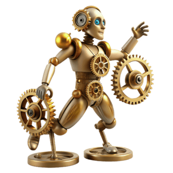 impressionnant moderne une steampunk automate, complexe engrenages et mouvement d'horlogerie mécanismes, dynamique pose, fort, directionnel éclairage haute résolution png