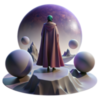 magnificent classic A lone figure in a flowing, futuristic robe stands on a precipice overlooking a vast, alien landscape, bathed in the soft light of a triple moon. Fantasy, romantic style exclusive png