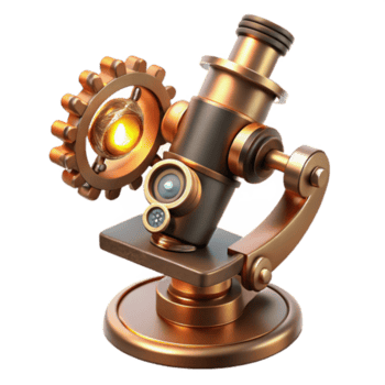 Maravilhoso tradicional uma steampunk microscópio, intrincado latão e cobre detalhes, iluminador uma minúsculo engrenagem, científico, focado iluminação Prêmio png