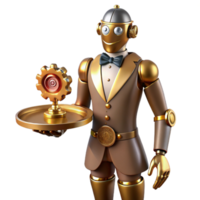 deslumbrante artístico uma steampunk robô mordomo, polido latão e cobre terminar, segurando uma bandeja do engrenagens, formal, ambiente iluminação Prêmio png