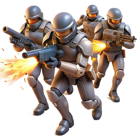 vibrant traditional A group of cybernetically enhanced soldiers charges into battle, their energy weapons blazing, illuminated by muzzle flashes and explosions. Military sci-fi, dynamic style premium png