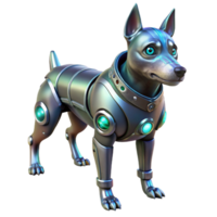 impressive abstract A cybernetically enhanced dog with glowing eyes and metallic limbs stands guard in a dimly lit alleyway. Cyberpunk, dystopian style high quality png