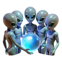 extraordinary classic A group of aliens with bioluminescent skin gathers around a glowing orb, their faces illuminated by its otherworldly light. Alien, mystical style 4K png