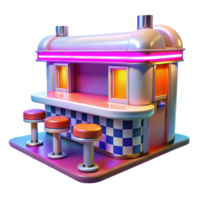 magnificent minimalist A vibrant, colorful painting of a 1950s diner with chrome stools, checkered floors, and a neon sign, bright, flat lighting, pop art style high resolution png