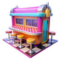 extraordinary rustic A vibrant, colorful painting of a 1950s diner with chrome stools, checkered floors, and a neon sign, bright, flat lighting, pop art style original png