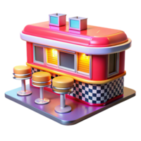 elegant rustic A vibrant, colorful painting of a 1950s diner with chrome stools, checkered floors, and a neon sign, bright, flat lighting, pop art style professional png