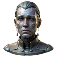 impressive creative Portrait of a melancholic cyborg, intricate metallic details, tears of liquid mercury streaming down face, dimly lit by a single overhead light, cyberpunk style high quality png