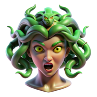 stunning minimalist A fierce Medusa, snakes writhing in her hair, eyes glowing with venomous green light, rendered in a hyperrealistic style premium png