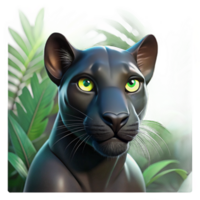 elegant modern Portrait of a sleek panther, black fur gleaming, piercing green eyes, dimly lit jungle setting, realistic style exclusive png