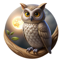 vibrant minimalist Portrait of a wise owl, large eyes, perched on a weathered tree branch, moonlight filtering through leaves, mystical style detailed png