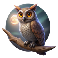 elegant contemporary Portrait of a wise owl, large eyes, perched on a weathered tree branch, moonlight filtering through leaves, mystical style authentic png