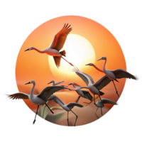 extraordinary rustic A flock of flamingos taking flight, silhouetted against a fiery sunset, minimalist art style exclusive png
