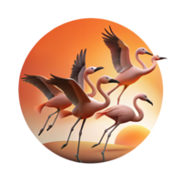 extraordinary artistic A flock of flamingos taking flight, silhouetted against a fiery sunset, minimalist art style high quality png