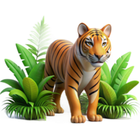 magnificent minimalist A powerful tiger stalking through dense jungle foliage, realistic rendering, dappled sunlight exclusive png