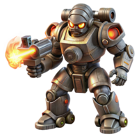beautiful modern A colossal, war-torn battle robot with heavy armor and glowing red eyes, firing a plasma cannon, lit by explosions and muzzle flash. Dark fantasy style detailed png