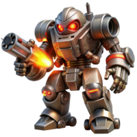 stunning vintage A colossal, war-torn battle robot with heavy armor and glowing red eyes, firing a plasma cannon, lit by explosions and muzzle flash. Dark fantasy style high quality png