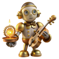 serene vintage A whimsical, clockwork robot with ornate golden gears and a porcelain face, playing a miniature violin, lit by warm candlelight. Storybook illustration style genuine png