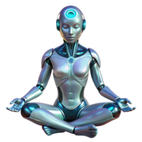 serene creative A futuristic, humanoid robot with translucent skin revealing complex circuitry, meditating in a lotus position, lit by soft ethereal light. Sci-fi realism style 4K png