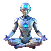 imponerande årgång en futuristisk, humanoid robot med genomskinlig hud avslöjande komplex kretsar, mediterar i en lotus placera, belyst förbi mjuk eterisk ljus. sci-fi realism stil exklusiv png