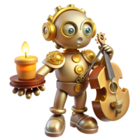 vibrant minimalist A whimsical, clockwork robot with ornate golden gears and a porcelain face, playing a miniature violin, lit by warm candlelight. Storybook illustration style professional png