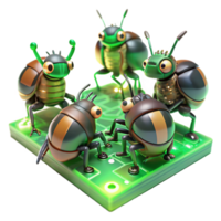 serene artistic A group of miniature, insect-like robots swarming over a circuit board, repairing damaged components, lit by the green glow of LEDs. Macro photography style detailed png