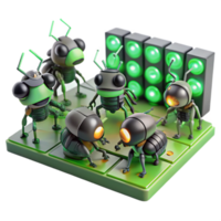 serene vintage A group of miniature, insect-like robots swarming over a circuit board, repairing damaged components, lit by the green glow of LEDs. Macro photography style premium png