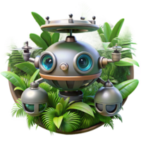 extraordinary contemporary A hovering, spherical drone robot with multiple cameras and sensors, scanning a dense jungle environment, lit by dappled sunlight. Photorealistic style exclusive png