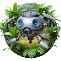 impressive artistic A hovering, spherical drone robot with multiple cameras and sensors, scanning a dense jungle environment, lit by dappled sunlight. Photorealistic style authentic png