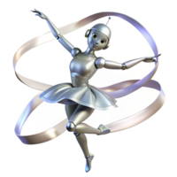impressive contemporary A graceful, ballerina robot with flowing metallic ribbons and delicate movements, performing a pirouette, lit by soft stage lighting. Ballet photography style premium png