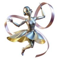 serene minimalist A graceful, ballerina robot with flowing metallic ribbons and delicate movements, performing a pirouette, lit by soft stage lighting. Ballet photography style premium png
